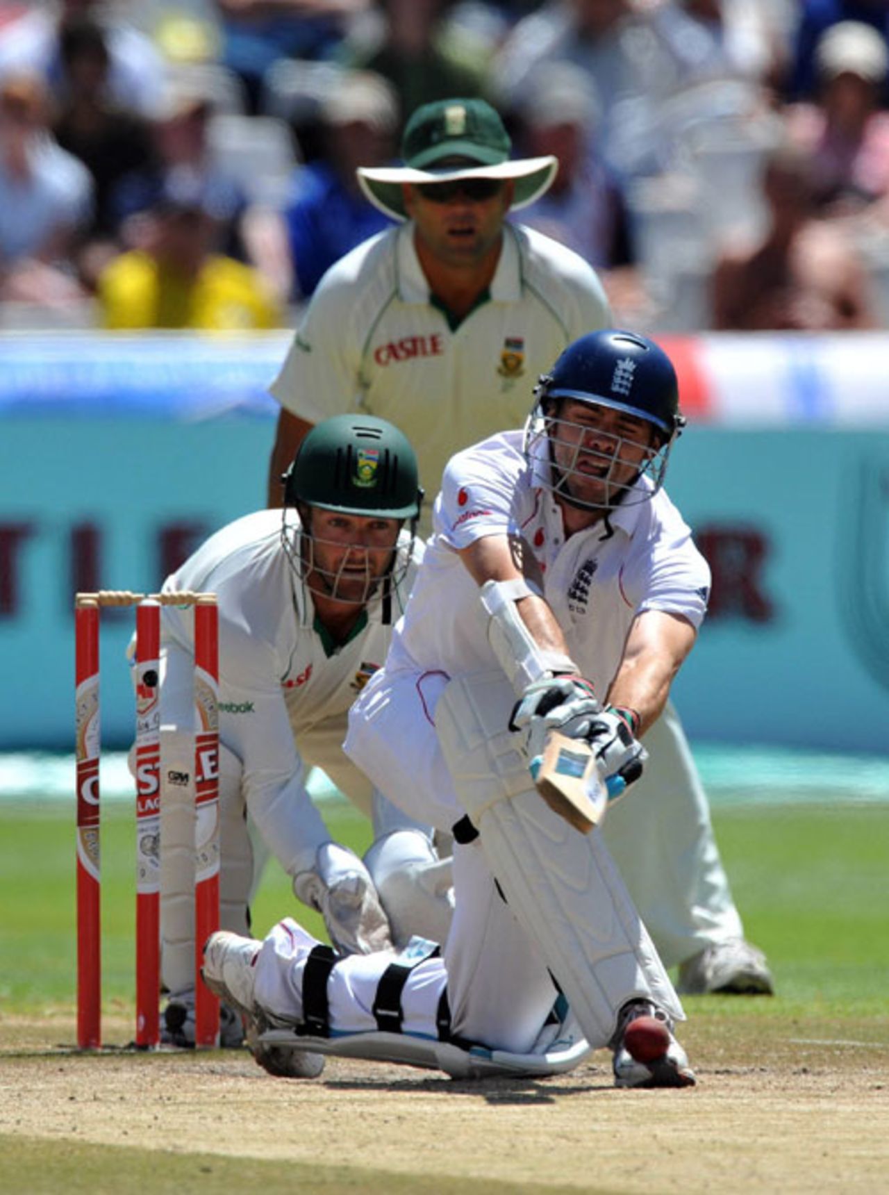 James Anderson sweeps a ball from Paul Harris onto his boot before being caught by Ashwell Prince, South Africa v England, 3rd Test, Cape Town, January 7, 2010