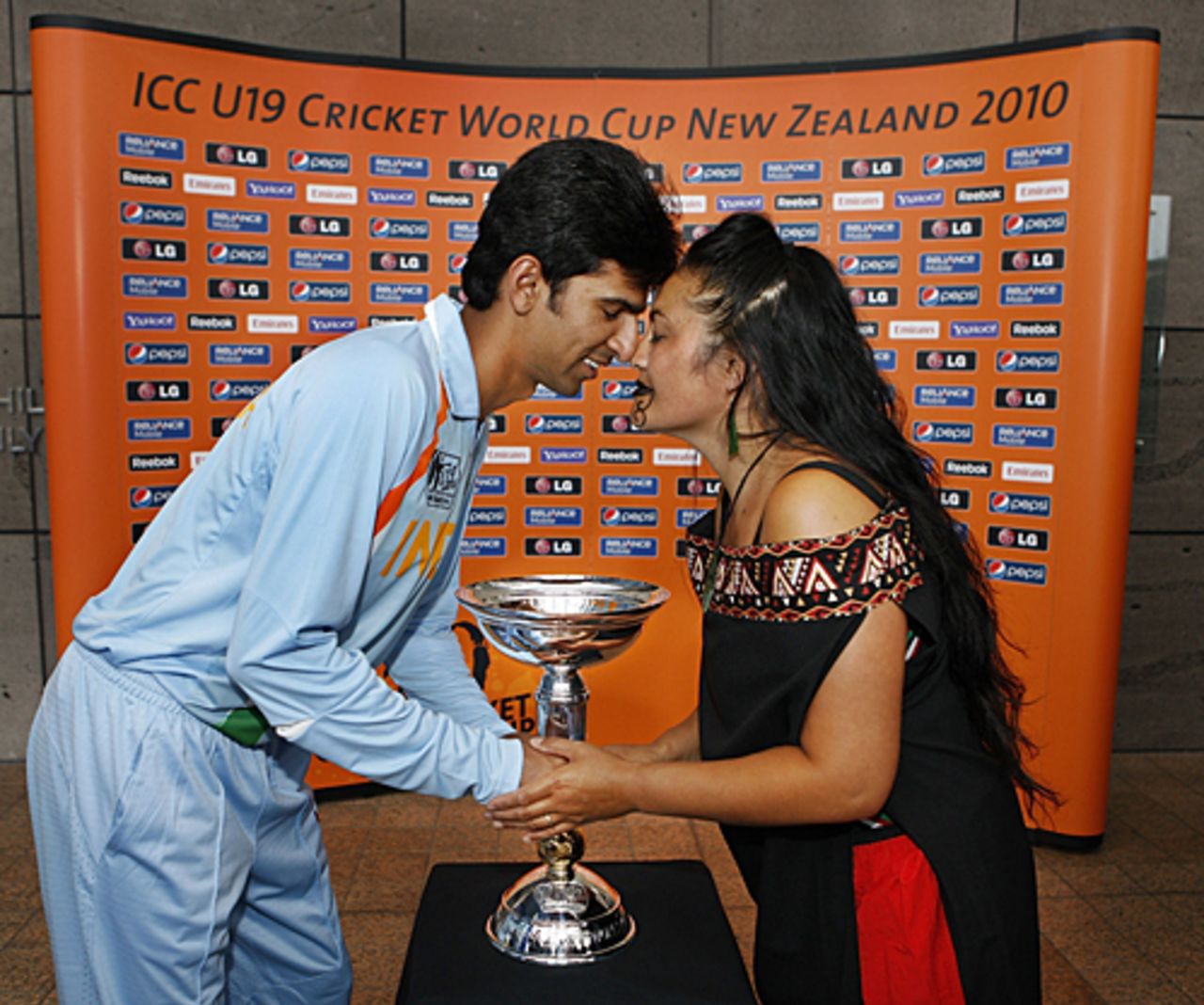India's captain Ashok Menaria receives a <i>hongi</i>, the traditional maori greeting, from Larissa Cox-Winiata during the opening ceremony of the Under-19 World Cup, Christchurch, January 10, 2010