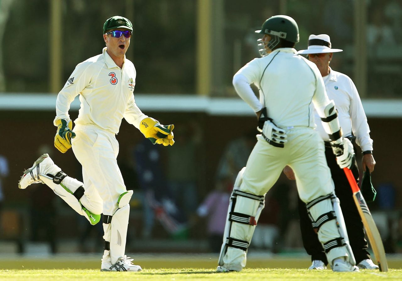 Brad Haddin cheers at Salman Butt, who was involved in two run-outs, 3rd Test, Australia v Pakistan, 2nd day, Hobart, January 15, 2010