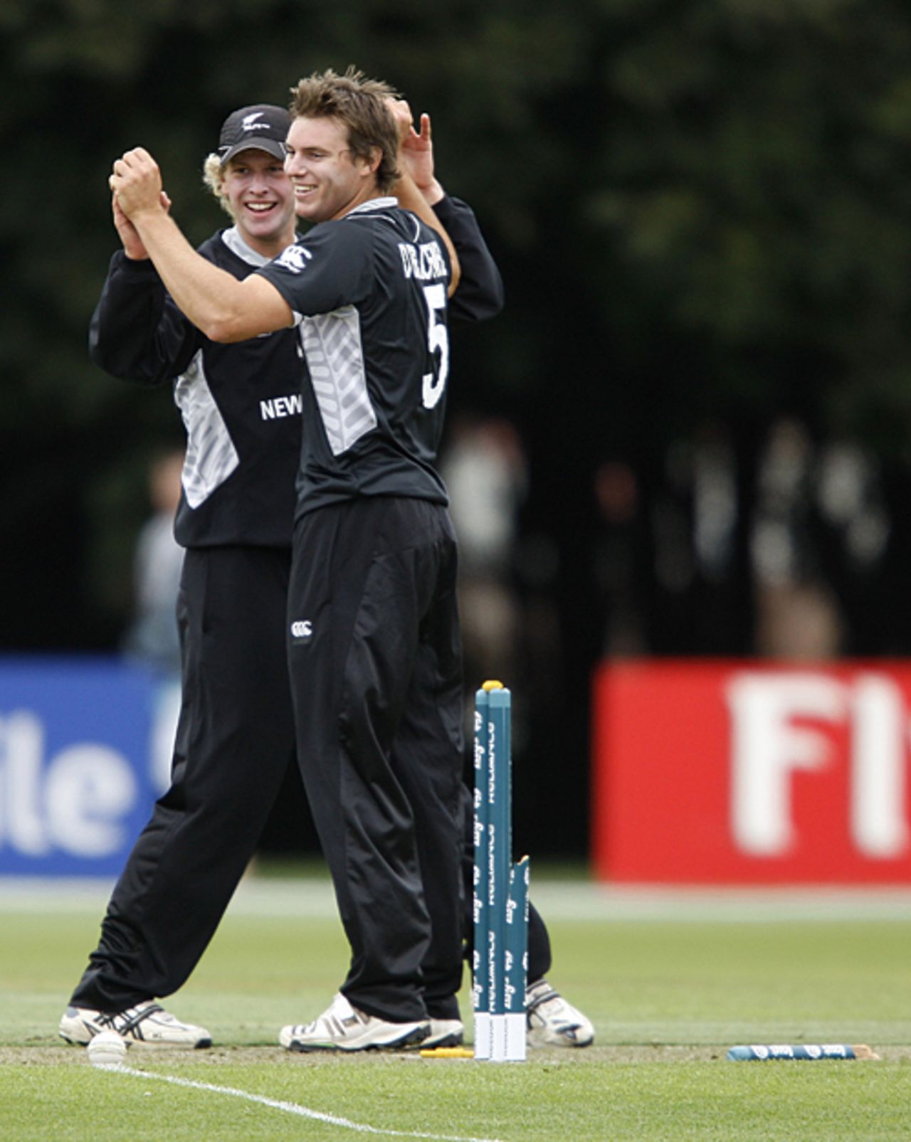 Harry Boam and Doug Bracewell celebrate a wicket, New Zealand Under-19s v Canada Under-19s, 7th Match, Group C, ICC Under-19 World Cup, Lincoln, January 16, 2010