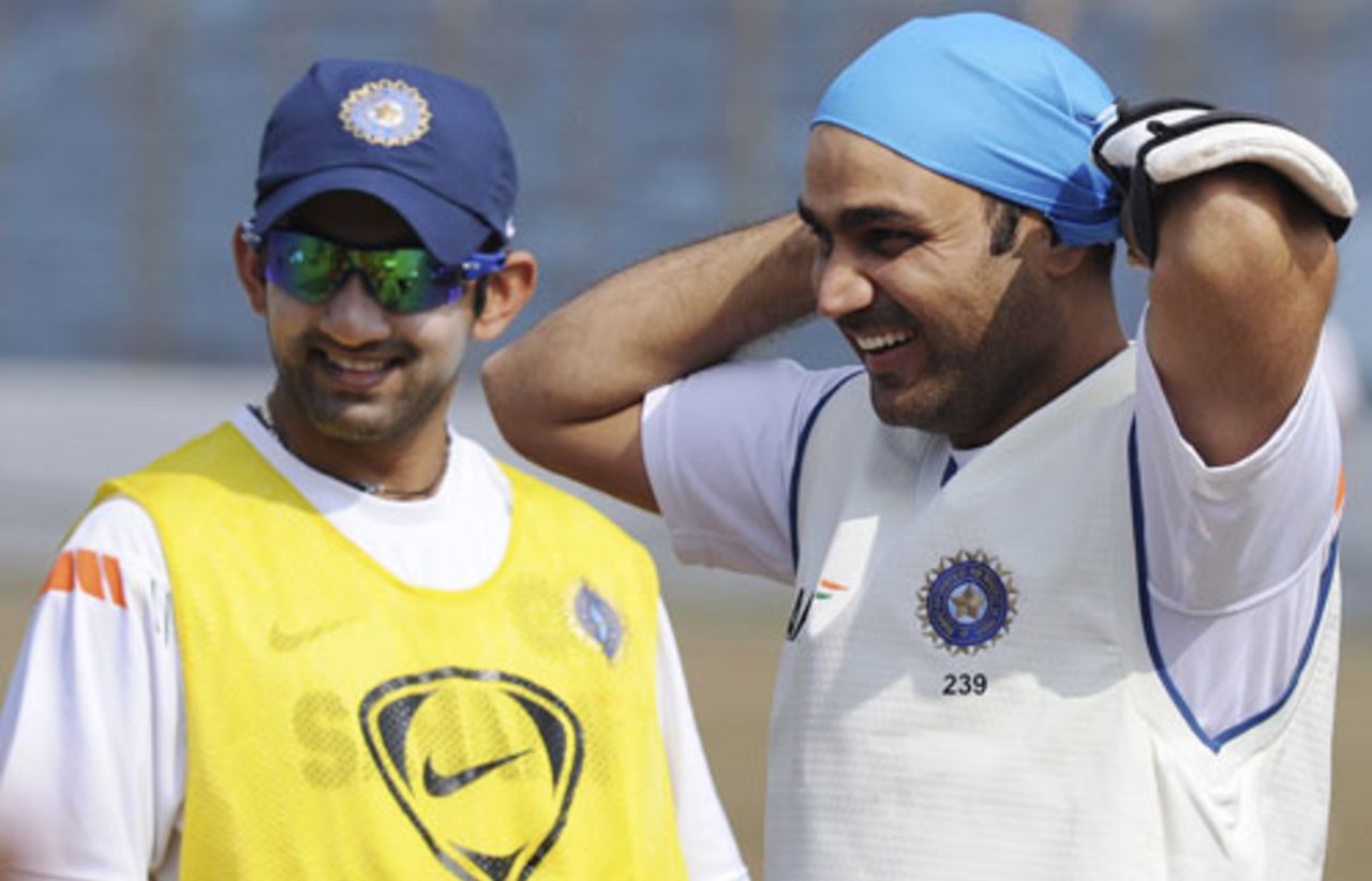Virender Sehwag and Gautam Gambhir share a lighter moment, Chittagong, January 16, 2010