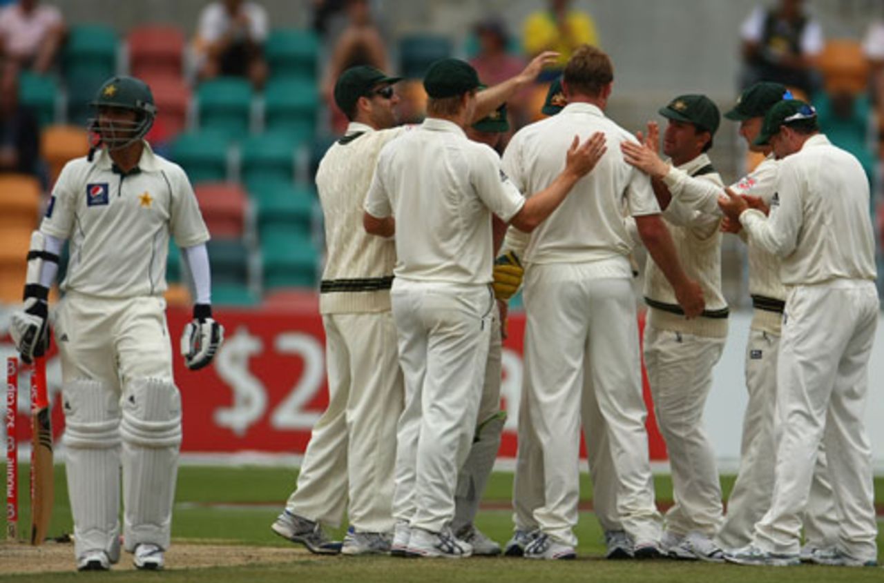Salman Butt walks off after losing his off stump to Doug Bollinger, 3rd Test, Australia v Pakistan, 4th day, Hobart, January 17, 2010