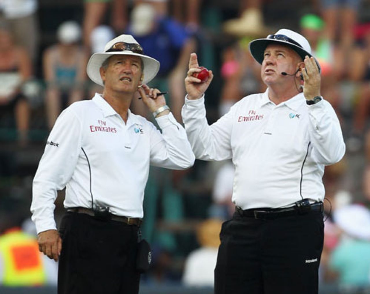 Umpires Steve Davis and Tony Hill look at the overcast sky, 4th Test, South Africa v England, Johannesburg, 16 January, 2010 
