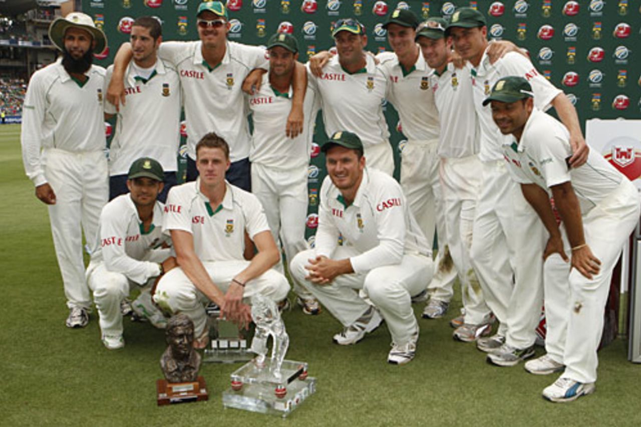 South Africa pose with their trophies after retaining the the Basil D'Oliveira, South Africa v England, Johannesburg, 17 January, 2010 
