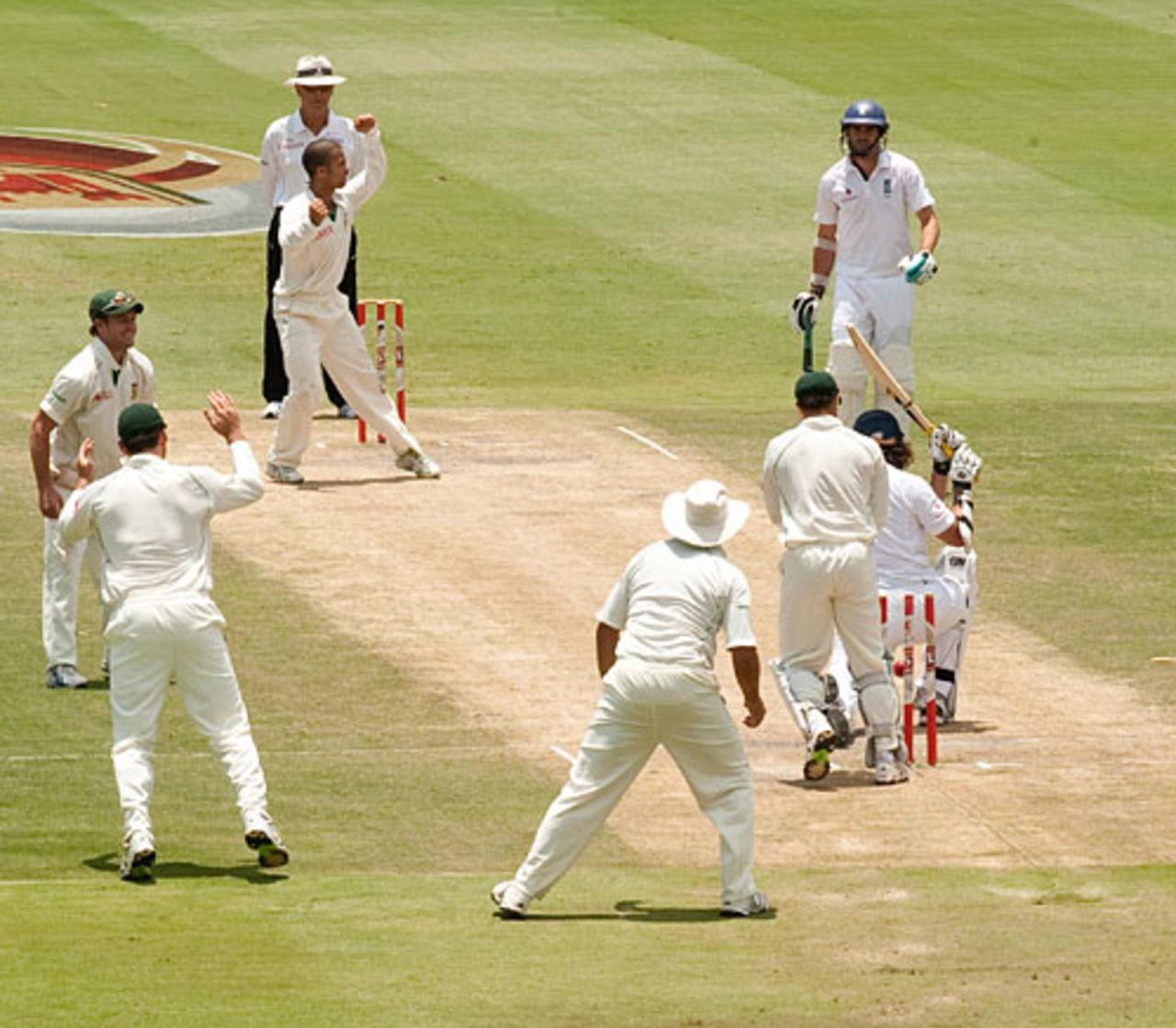 Ryan Sidebottom was the last man out, bowled by JP Duminy to cue South African celebrations, South Africa v England, Johannesburg, 17 January, 2010 
