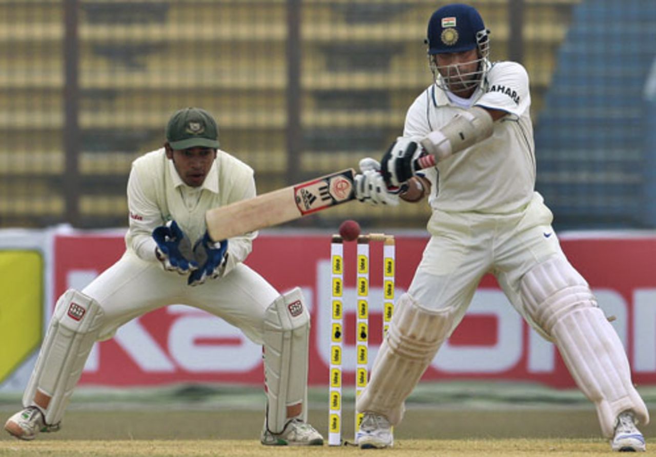 Sachin Tendulkar plays a cross-batted shot, Bangladesh v India, 1st Test, Chittagong, 2nd day, January 18, 2010 