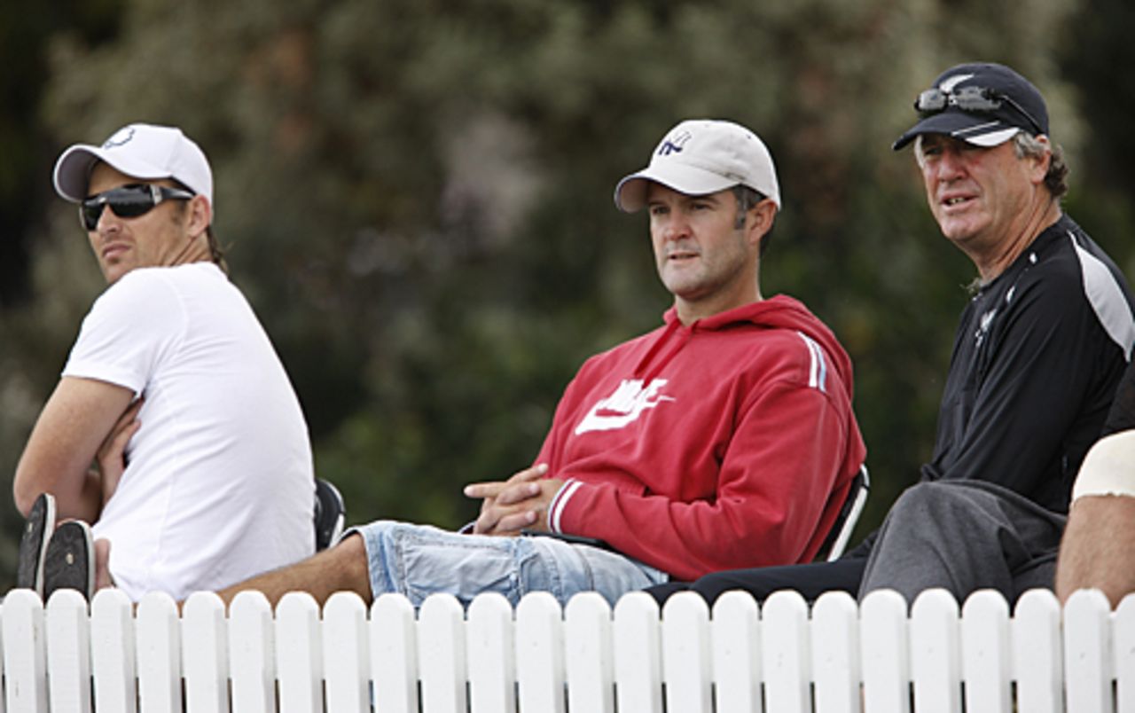 Shane Bond, Nathan Astle and John Wright take in the game, New Zealand Under-19s v Zimbabwe Under-19s, 19th Match, Group C, ICC Under-19 World Cup, Lincoln, January 19, 2010