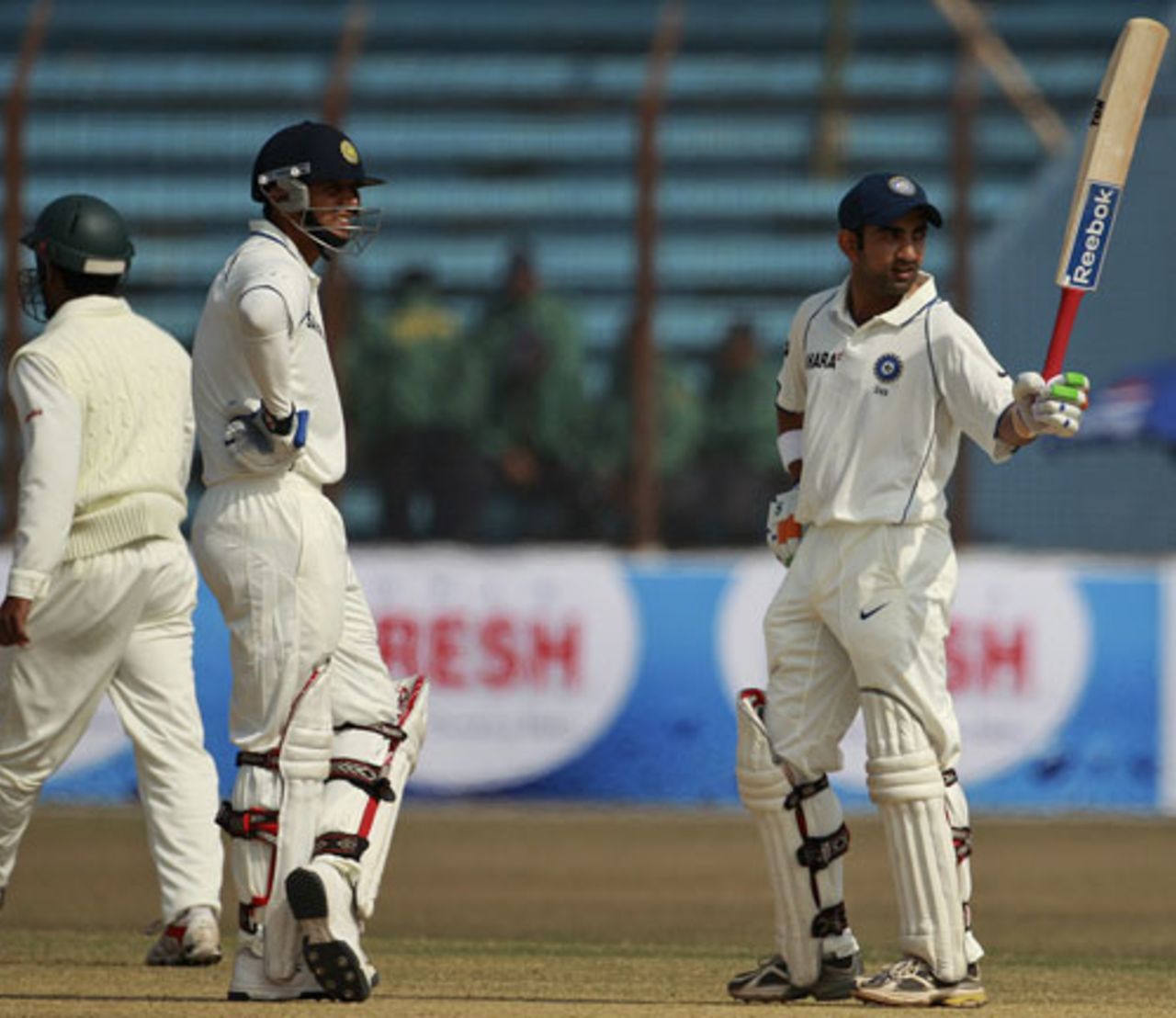 Gautam Gambhir acknowledges the cheers on reaching his hundred, Bangladesh v India, 1st Test, Chittagong, 4th day, January 20, 2010 