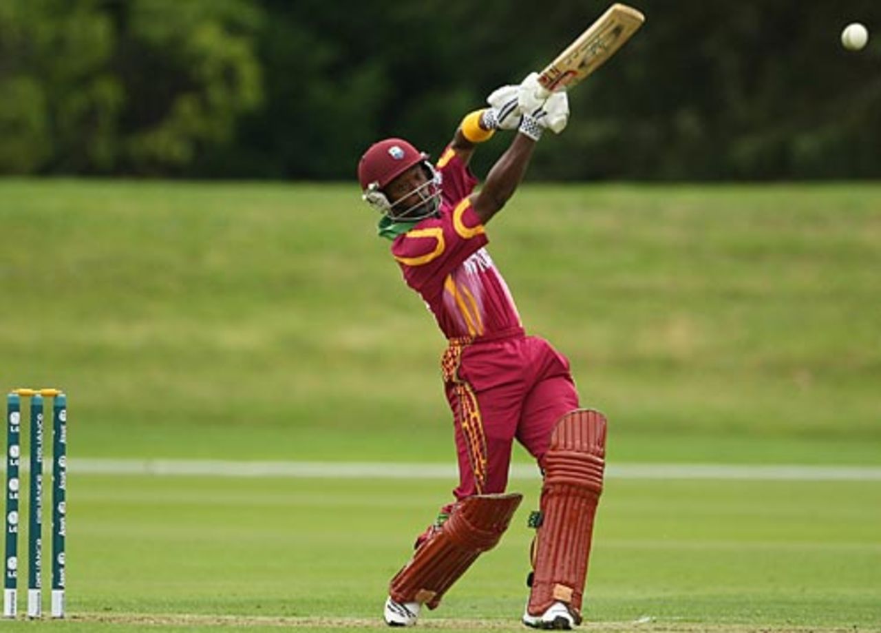Andre Creary hits down the ground, England v West Indies, Quarter-final, ICC Under-19 World Cup, Rangiora, January 23, 2010