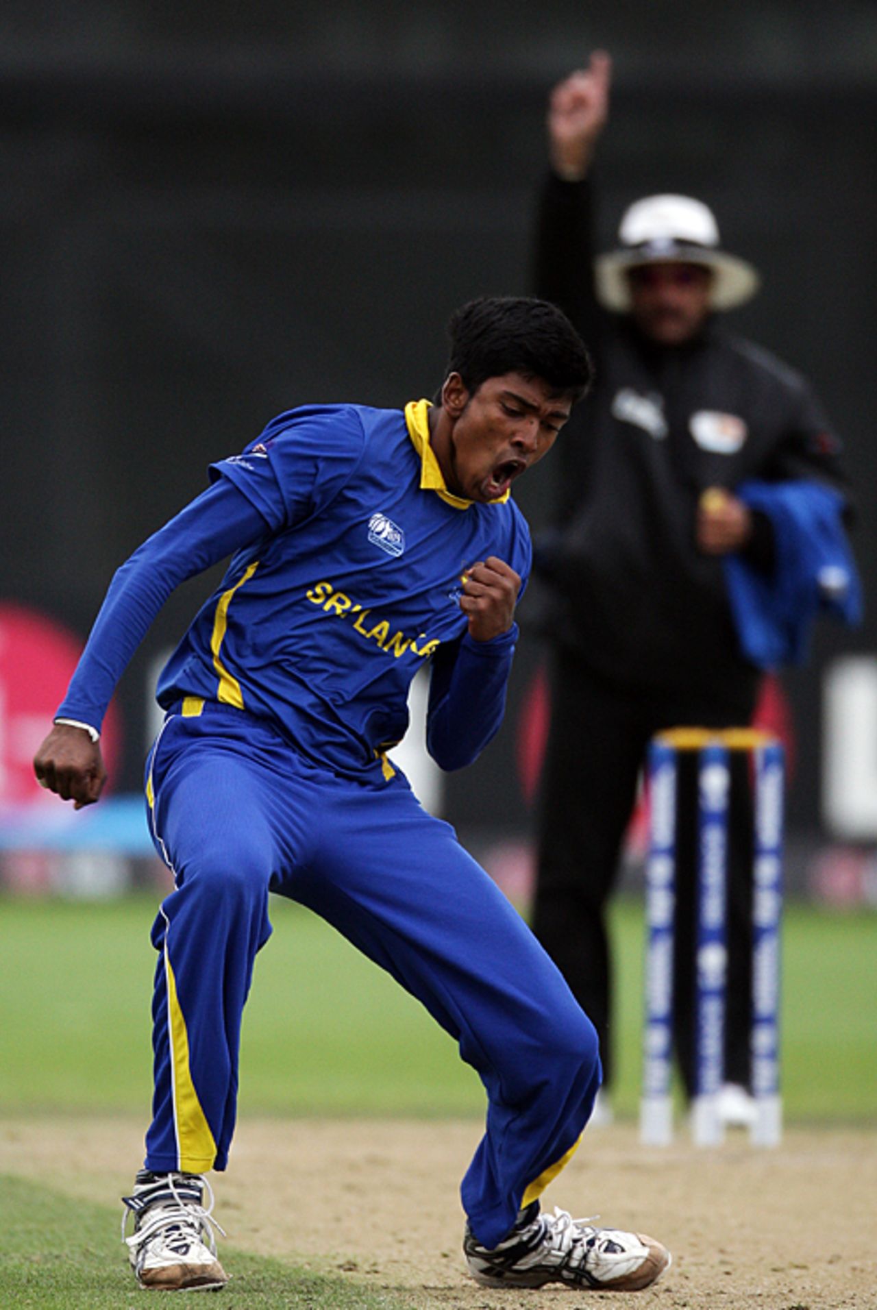 Charith Jayampathi punctuates one of his four wickets, South Africa Under-19s v Sri Lanka Under-19s, 2nd Quarter-Final, ICC Under-19 World Cup, Lincoln, January 24, 2010