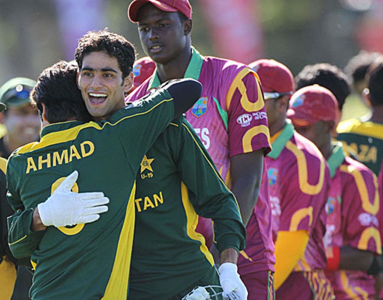Hammad Azam is hugged by Ahmed Shehzad after the win , Pakistan v West Indies, ICC Under-19 World Cup, semi-final, Lincoln, January 25, 2010