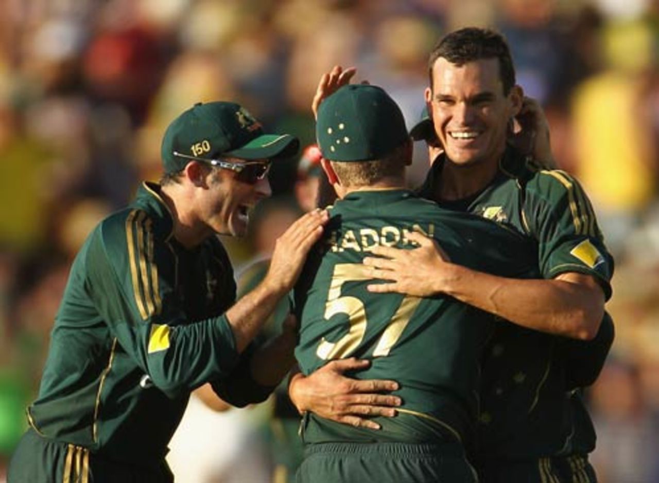 Clint McKay celebrates one of his three wickets, Australia v Pakistan, 3rd ODI, Adelaide, January 26, 2010