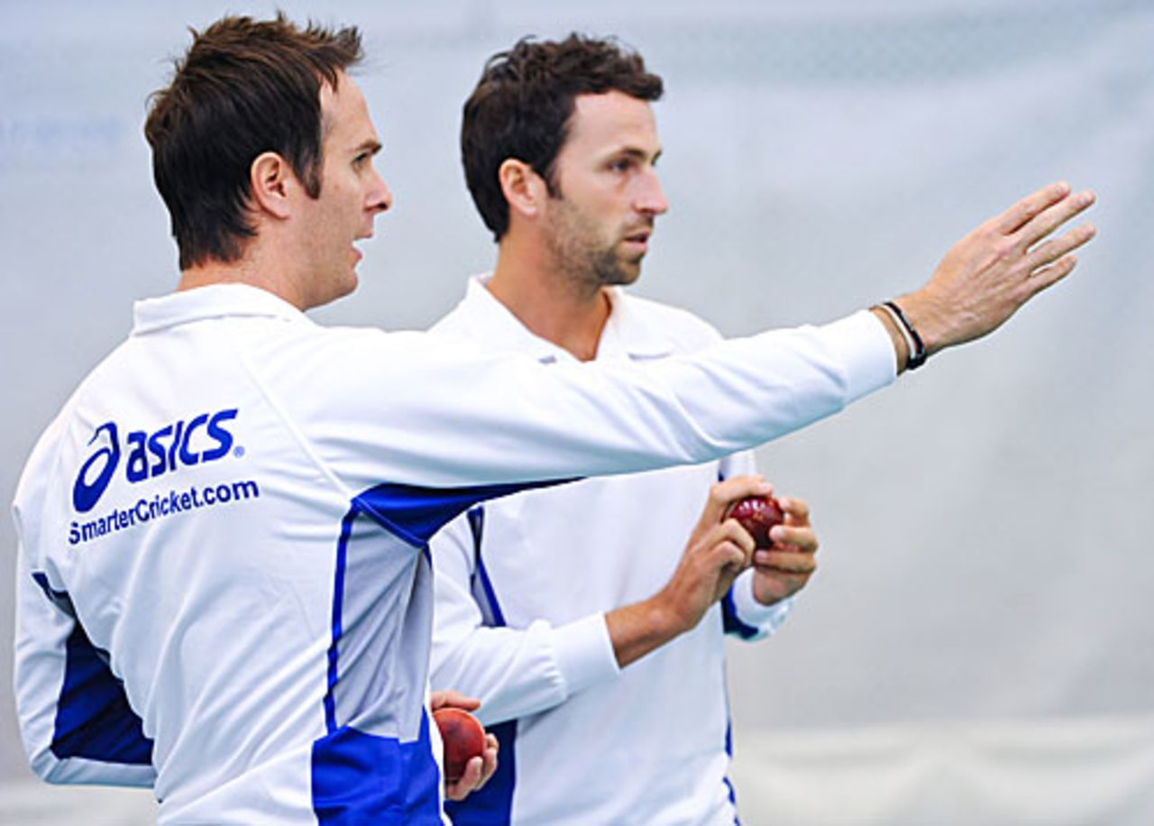 Michael Vaughan is full of instructions for Graham Onions at an ASICS event in London, January 27, 2010
