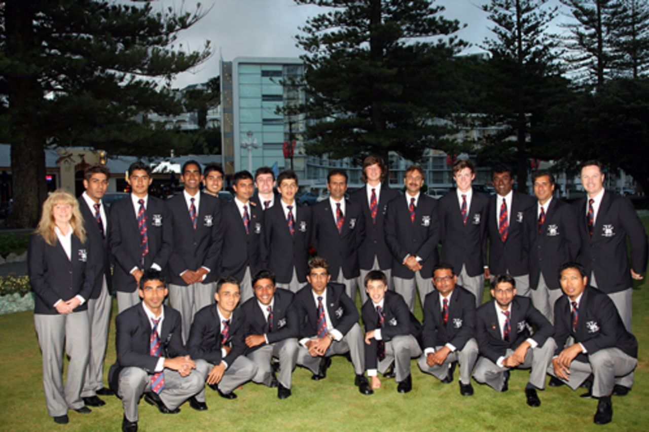 The Hong Kong Under-19 touring party poses for a photo in front of their hotel in Napier