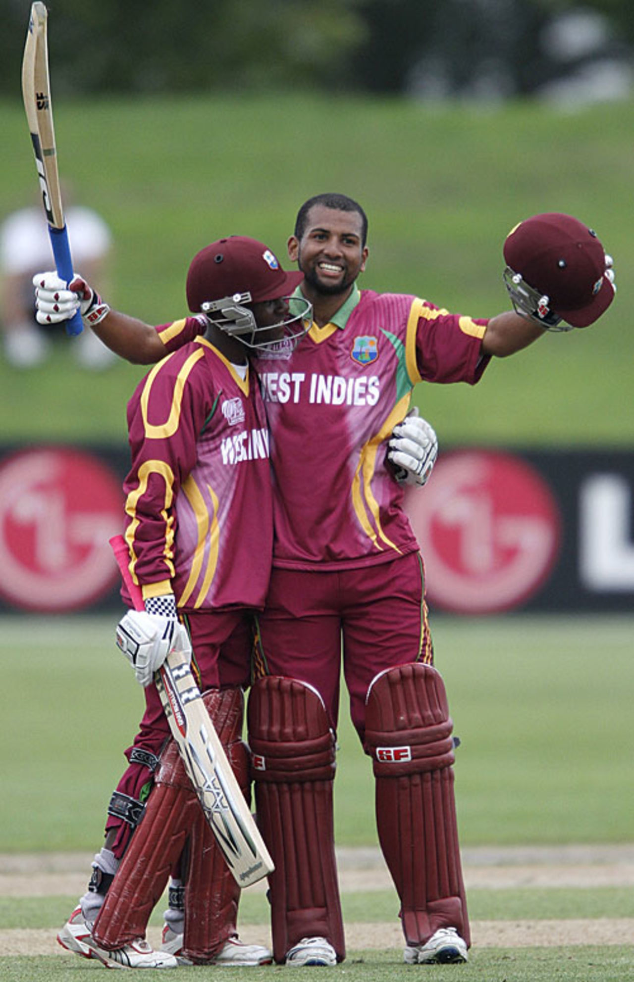 Yannic Cariah is cheered by Jermaine Blackwood on reaching his hundred, Sri Lanka v West Indies, ICC Under-19 World Cup, 3rd place play-off, Christchurch, 29 January, 2010
