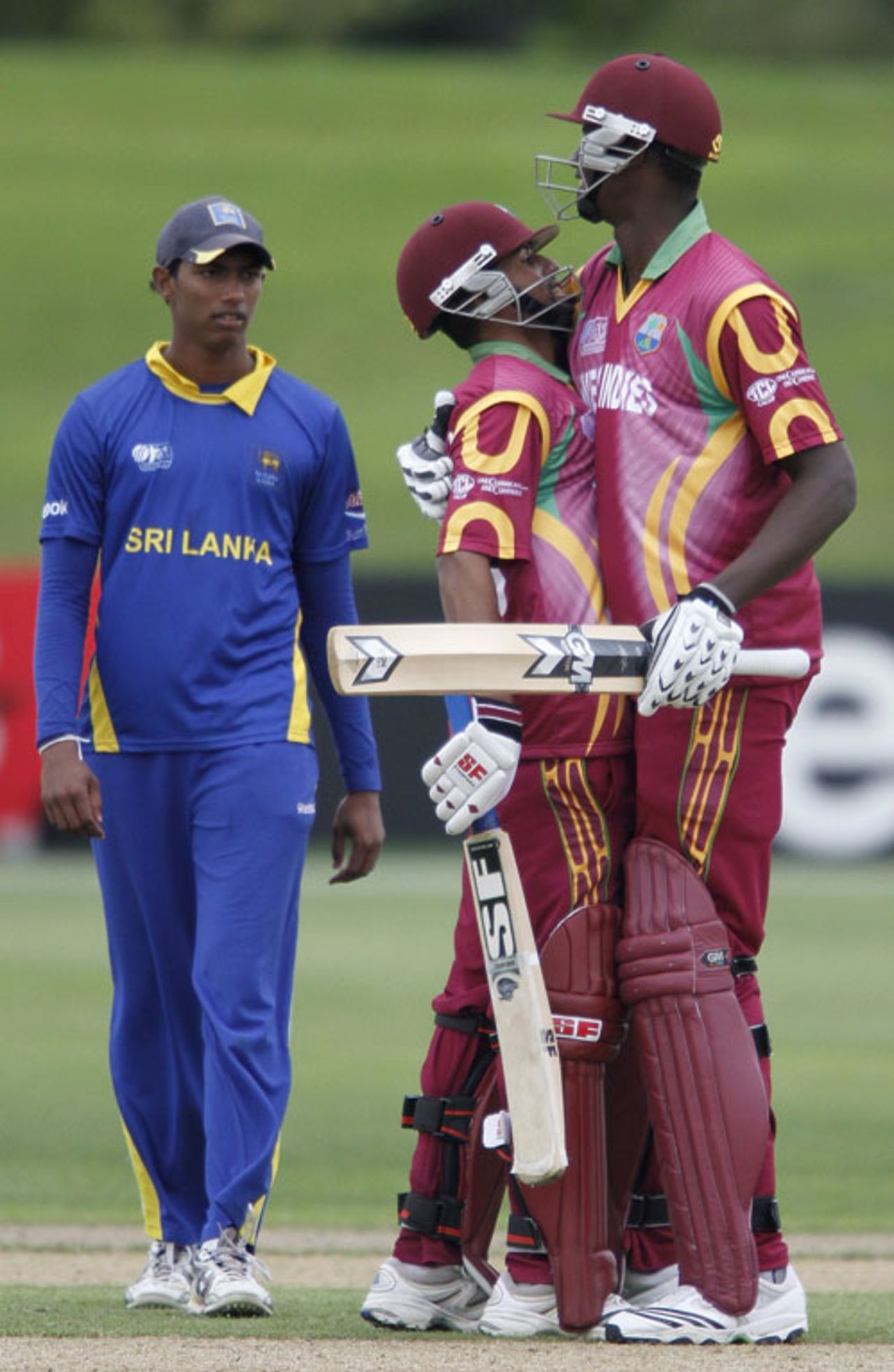 Yannic Cariah and Jason Holder celebrate after hitting the winning runs, Sri Lanka v West Indies, ICC Under-19 World Cup, 3rd place play-off, Christchurch, 29 January, 2010