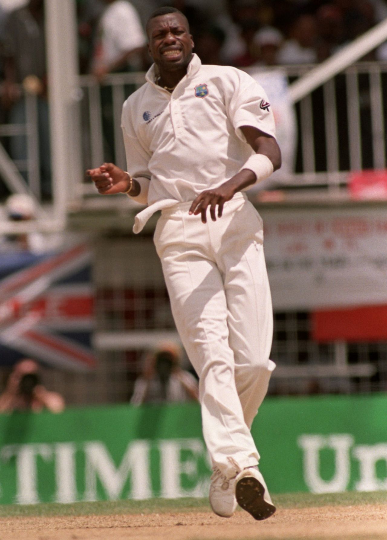 Curtly Ambrose celebrates a wicket, West Indies v England, 6th Test, Antigua, 1st day, March 20, 1998