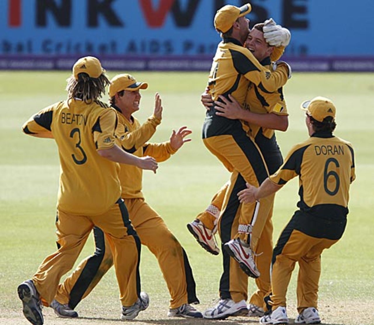 The moment of victory: The Australians run to Josh Hazlewood upon the fall of the final wicket, Australia v Pakistan, Under-19 World Cup final, Lincoln, January 30, 2010