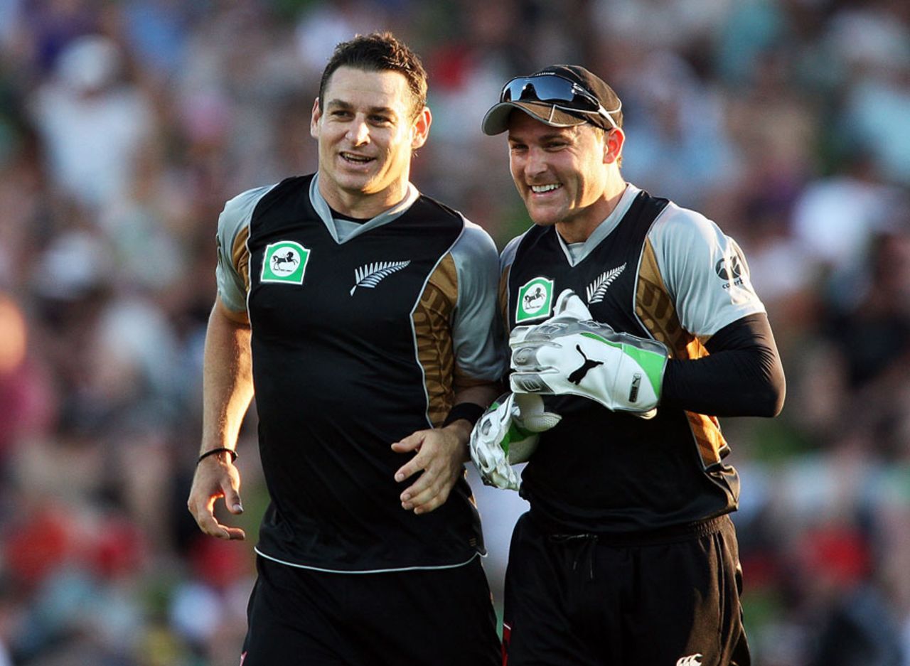 Brendon and Nathan McCullum run off at the completion of Bangladesh's innings, New Zealand v Bangladesh, only Twenty20, Hamilton, February 3, 2010
