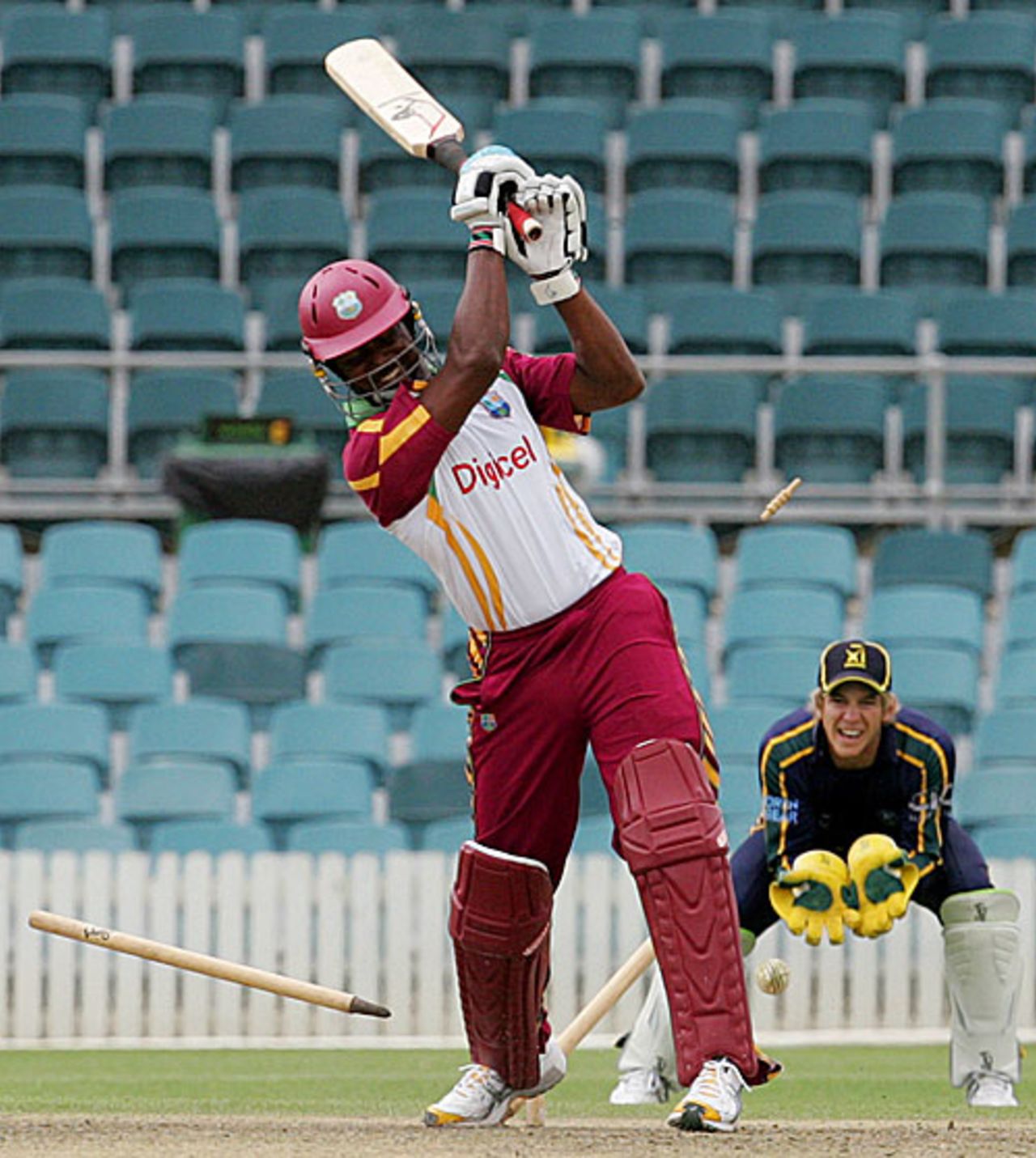 Dwayne Smith is castled by Ben Oakley, Prime Minister's XI v West Indians, Canberra, February 4, 2010