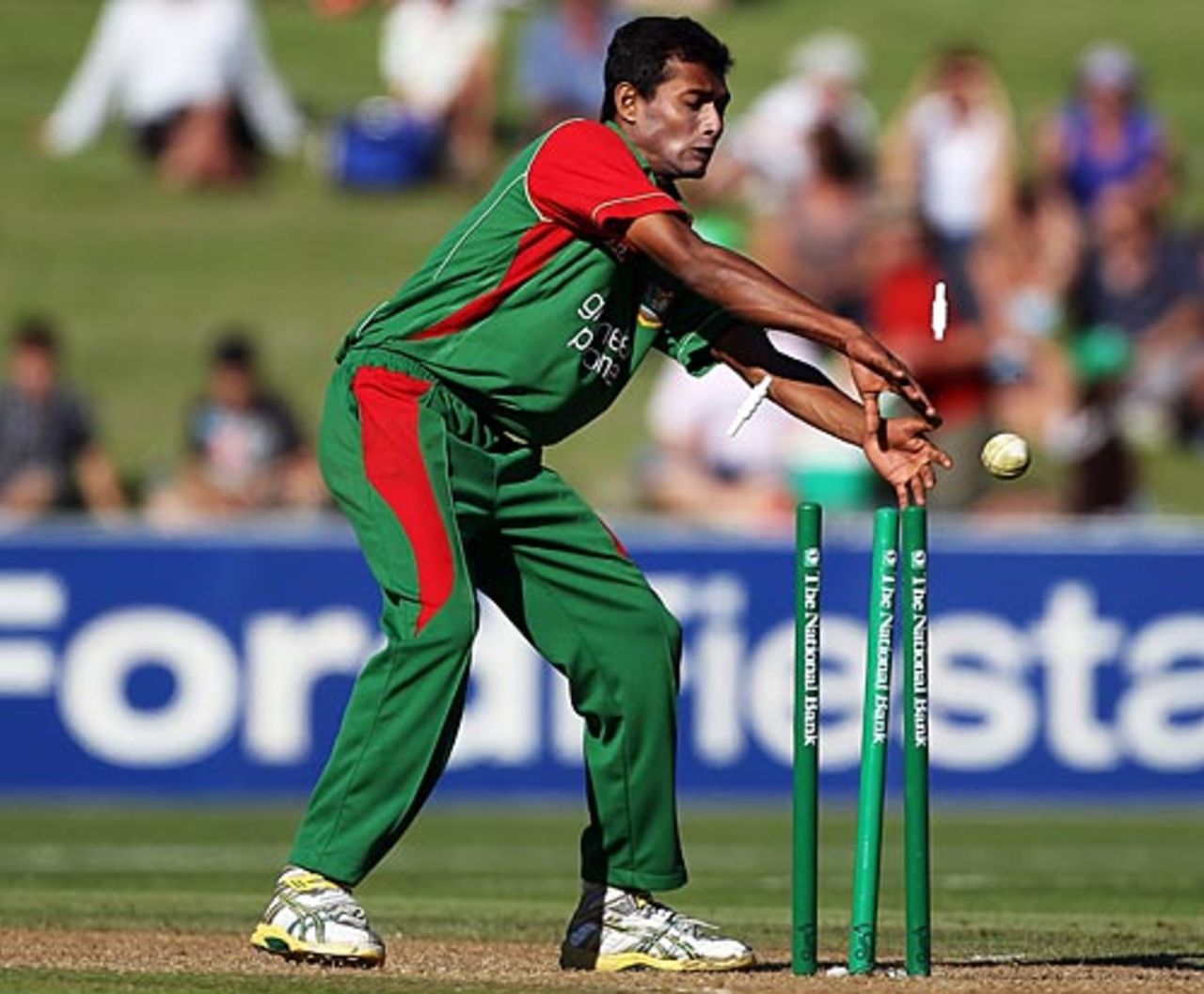 Shafiul Islam breaks the stumps, New Zealand v Bangladesh, 1st ODI, Napier, February 5, 2010