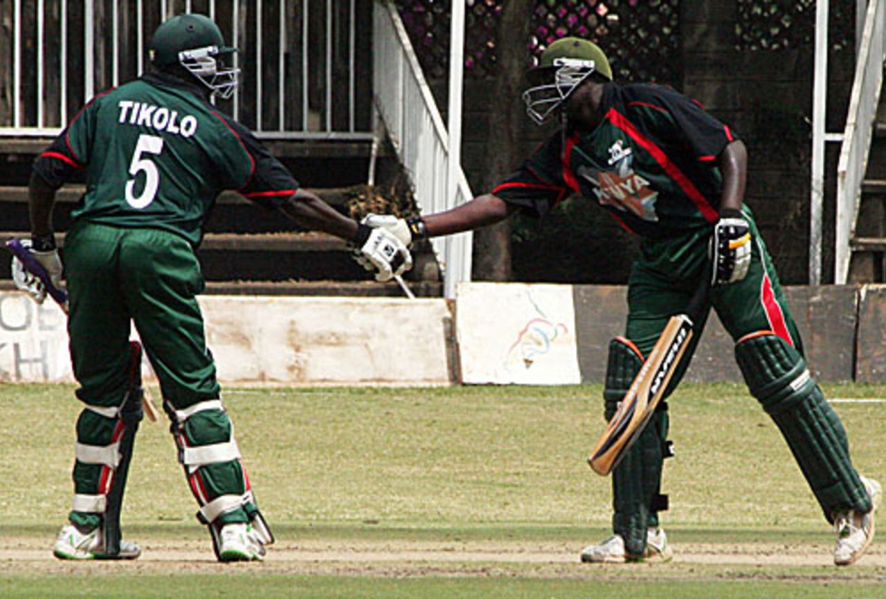 David Obuya and Steve Tikolo celebrate their century stand, Kenya v Scotland, Kenya T20 Tri-Series, 6th match, Nairobi, February 4, 2010 