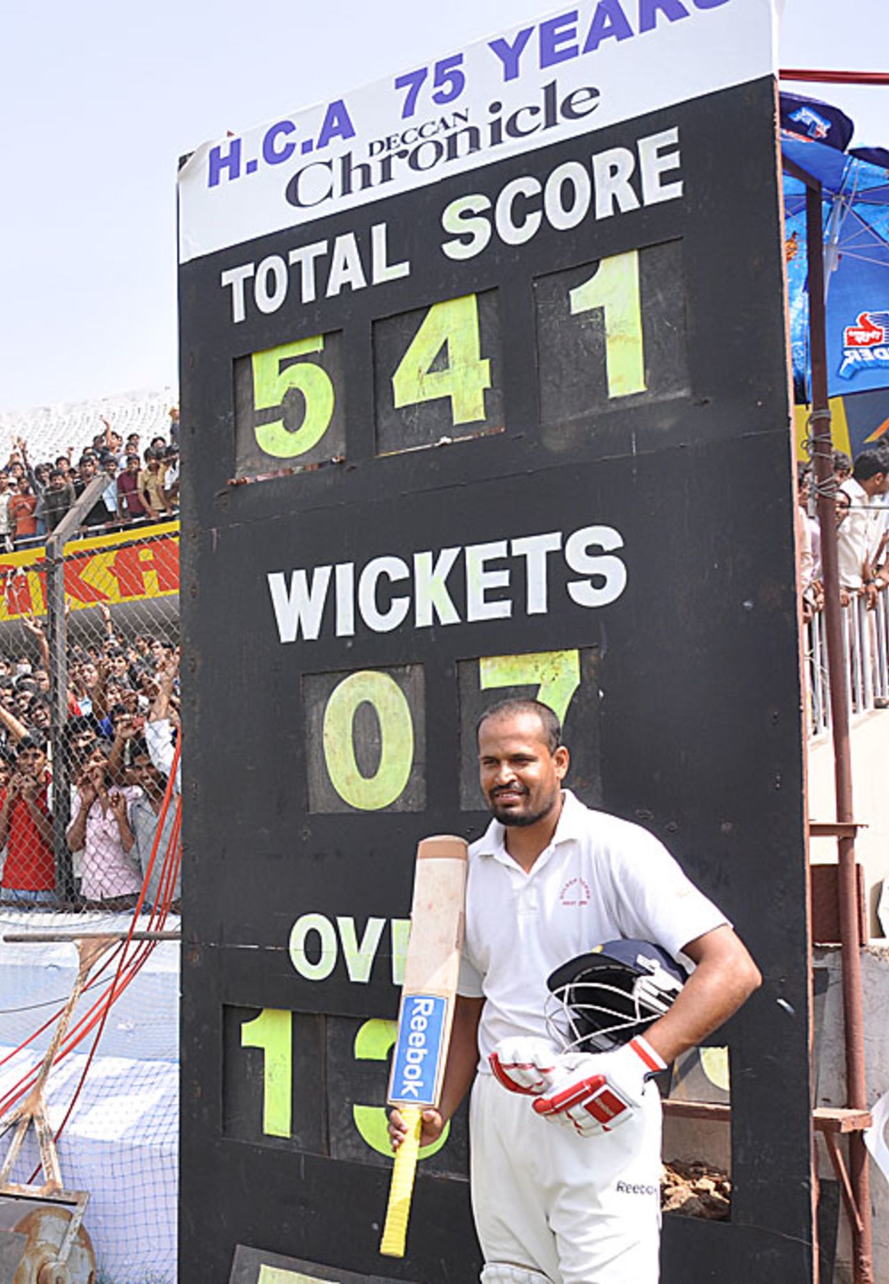 Yusuf Pathan poses near the scoreboard after West Zone's mammoth chase, South Zone v West Zone, Duleep Trophy final, 5th day, Hyderabad, February 6, 2010