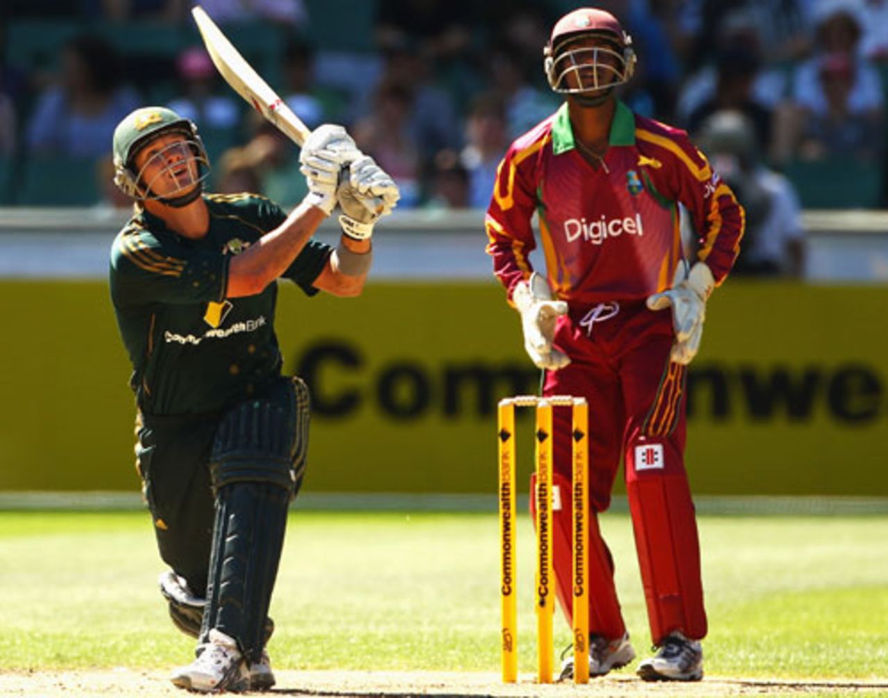 Shane Watson didn't get it as well as he hoped and was caught at long-on, Australia v West Indies, 1st ODI, MCG, 7 February, 2010
