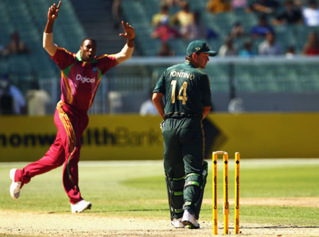 Kieron Pollard delivers a memorable ball to bowl Ricky Ponting, 1st ODI, MCG, 7 February, 2010