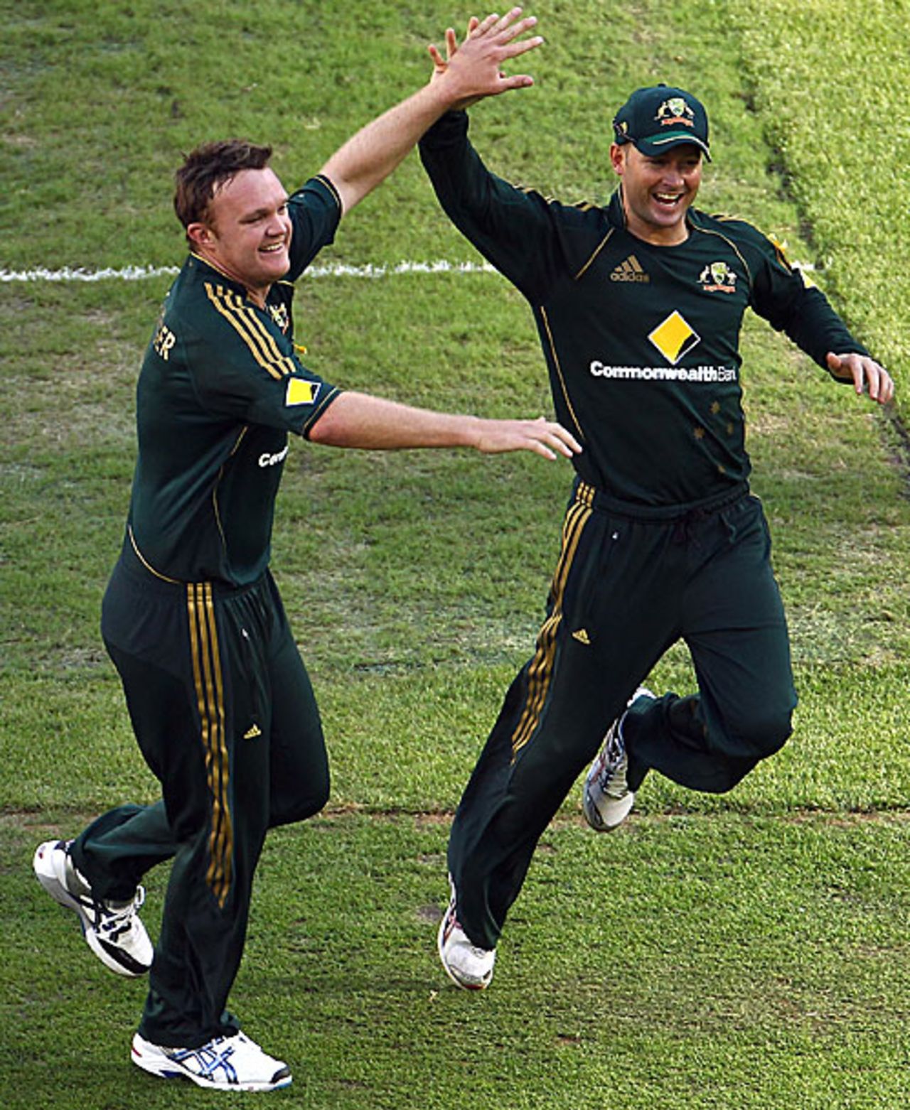 Doug Bollinger and Michael Clarke are delighted after nailing Chris Gayle early, Australia v West Indies, 1st ODI, MCG, February 7, 2010