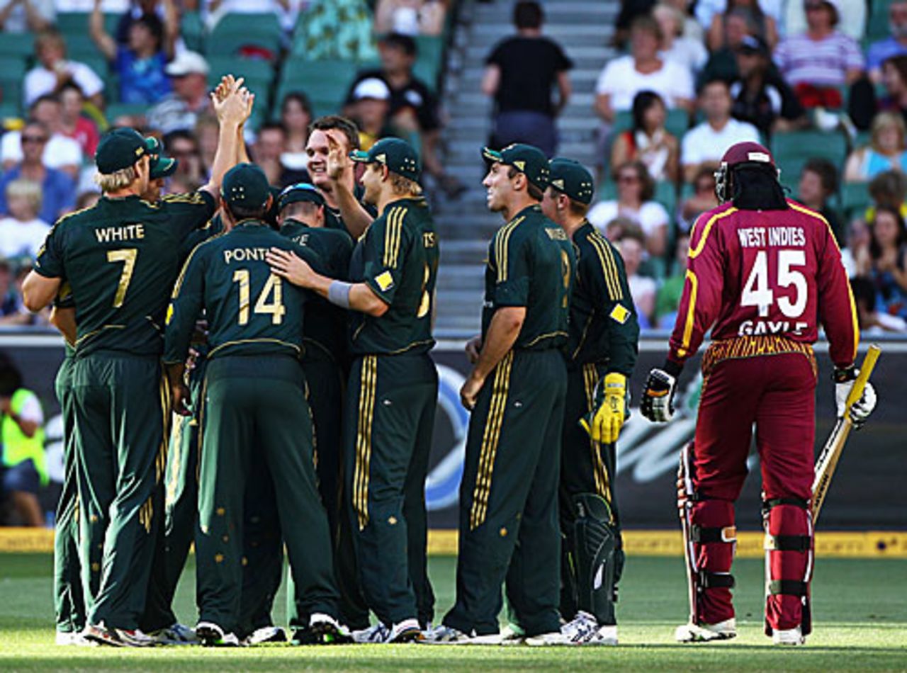 Australia celebrate as Chris Gayle trudges off for 7, Australia v West Indies, 1st ODI, MCG, February 7, 2010