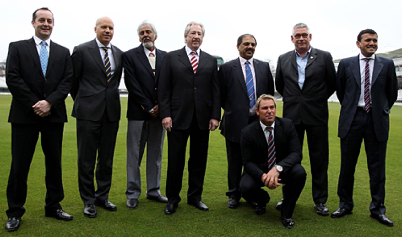 Stuart Robertson of Hampshire, Sean Morris the CEO of Rajasthan Royals, Dr Allen Sammy of Trinidad and Tobago Cricket Board, Rod Bransgrove the chairman of Hampshire, Mohammed Ebrahim and Andre Odendaal, the chairman and chief executive of the Cape Cobras and Manoj Badale the chairman of the Rajasthan Royals along with Shane Warne during the launch of the Royals 2020, London, February 8, 2010 