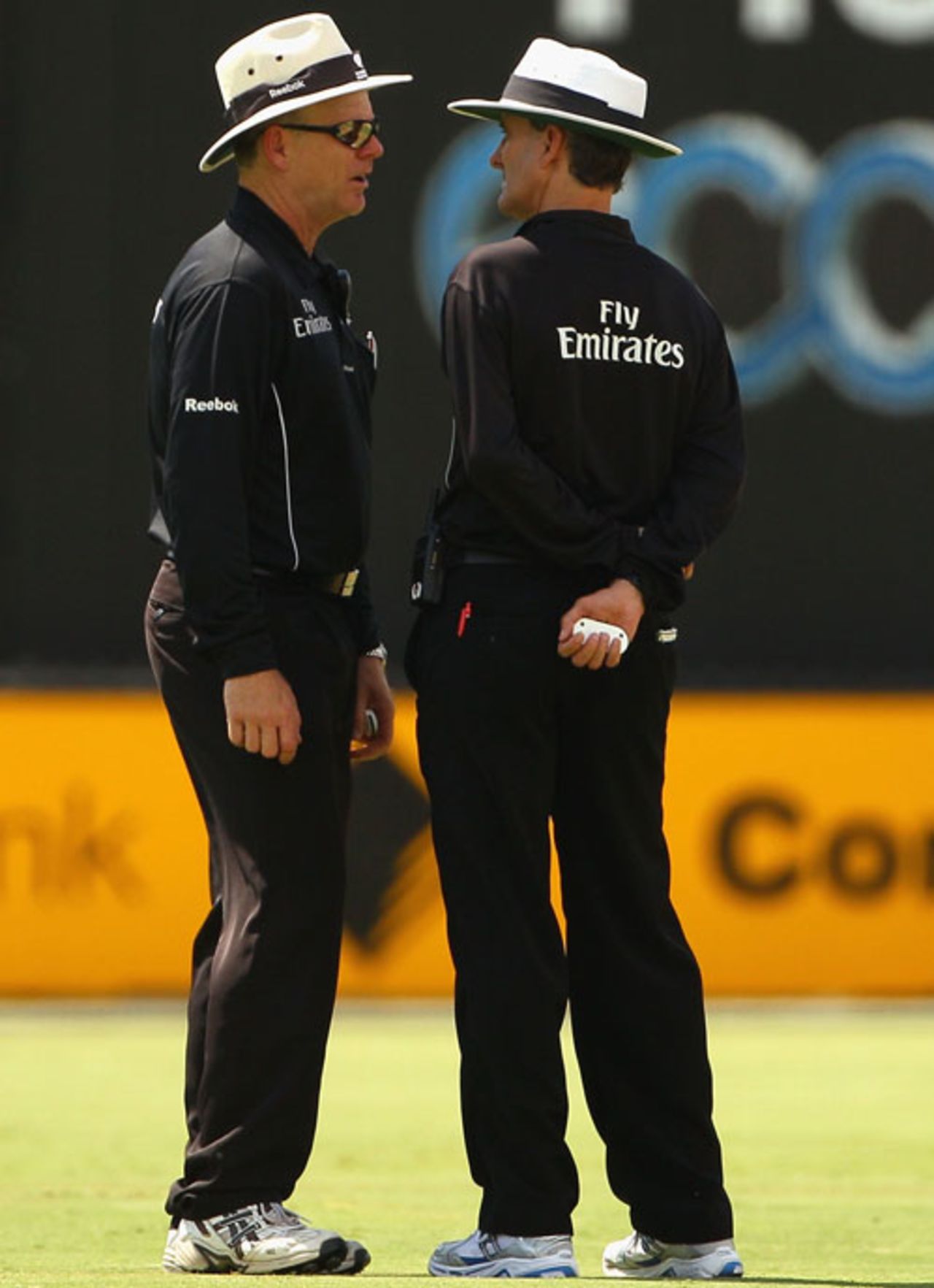 Billy Bowden explains his slow thinking on the Narsingh Deonarine decision to Bruce Oxenford, Australia v West Indies, 2nd ODI, Adelaide, 9 February, 2010