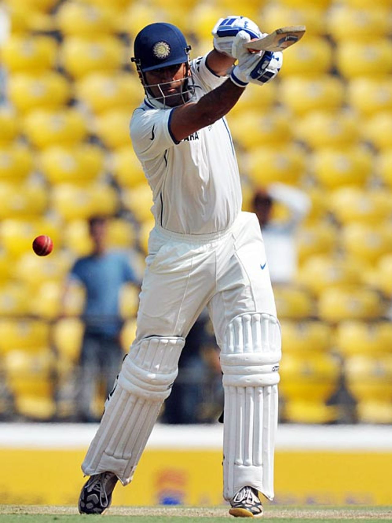 MS Dhoni drives on the fourth day, India v South Africa, 1st Test, Nagpur, 4th day, February 9, 2010