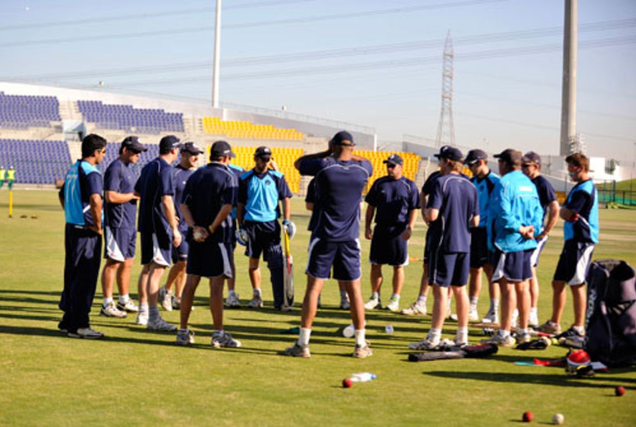 Scotland's team meeting before their opening game against USA, ICC World Twenty20 Qualifiers, February 9, 2010