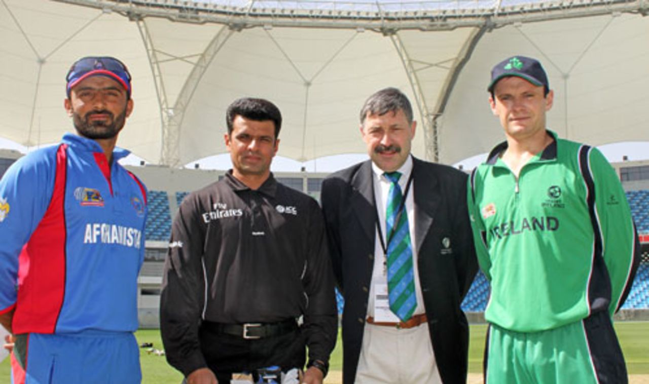 Afghanistan captain Nawroz Mangal, third umpire Aleem Dar, match referee David Jukes, and Ireland captain William Porterfield at the toss, ICC World Twenty20 Qualifiers, February 9, 2010