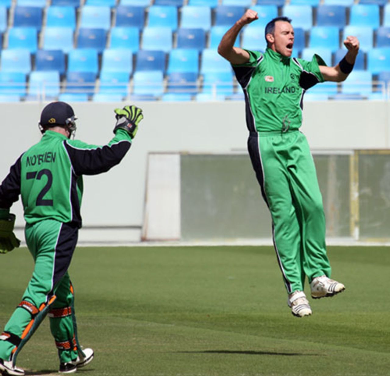 Trent Johnston jumps for joy after dismissing Karim Sadiq, Afghanistan v Ireland, ICC World Twenty20 Qualifiers, February 9, 2010