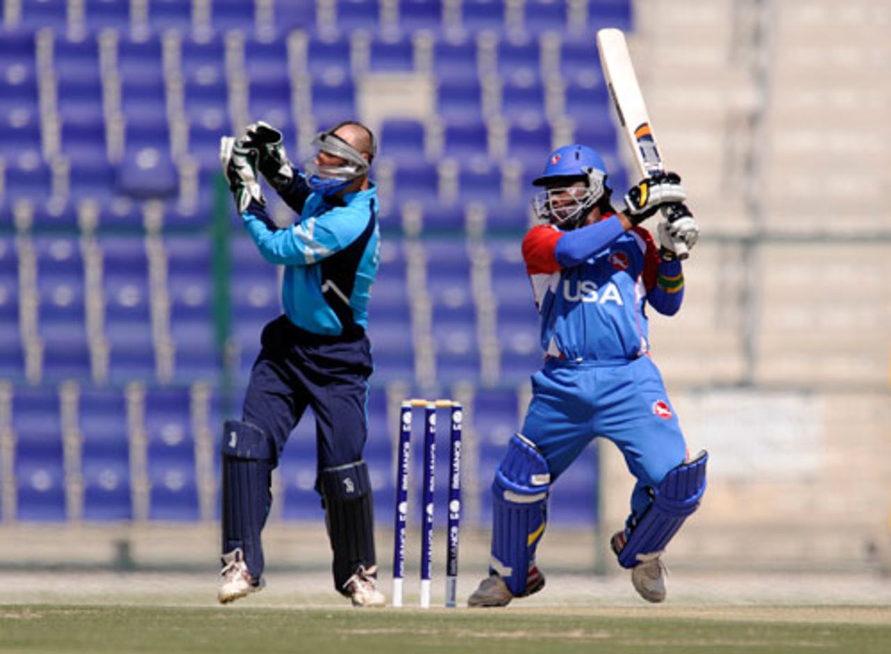 Carl Wright hammers a ball through the off side on the way to a half-century, Scotland v USA, ICC World Twenty20 Qualifiers, February 9, 2010