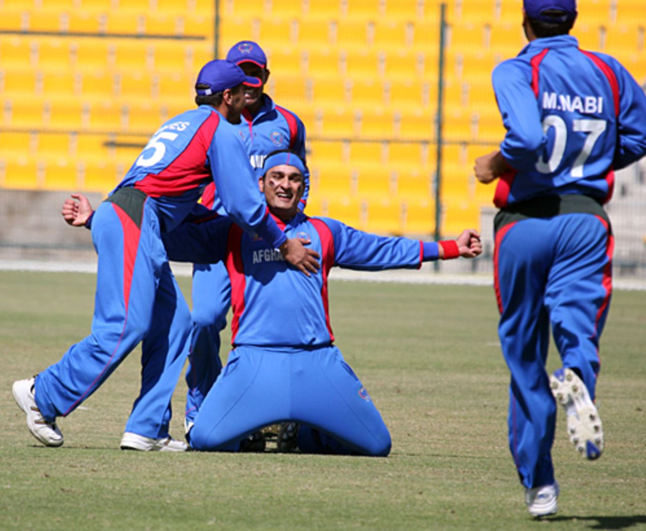 Hamid Hassan sinks to his knees at the moment of victory for Afghanistan, Afghanistan v Scotland, ICC World Twenty20 Qualifiers, February 10, 2010 