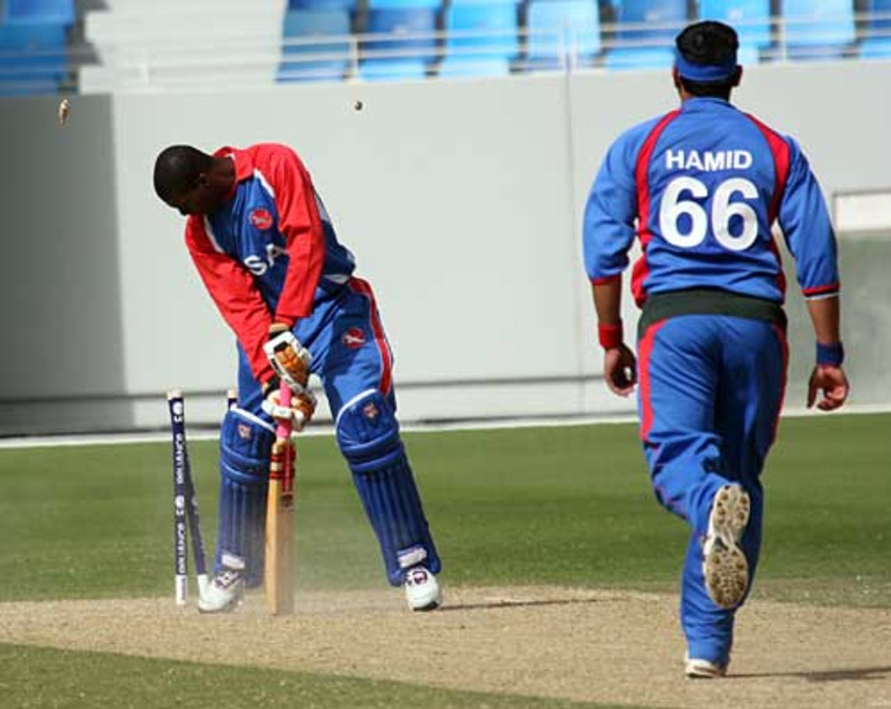 Timroy Allen is yorked by Hamid Hassan, Afghanistan v USA, ICC World Twenty20 Qualifiers, Dubai, February 11, 2010