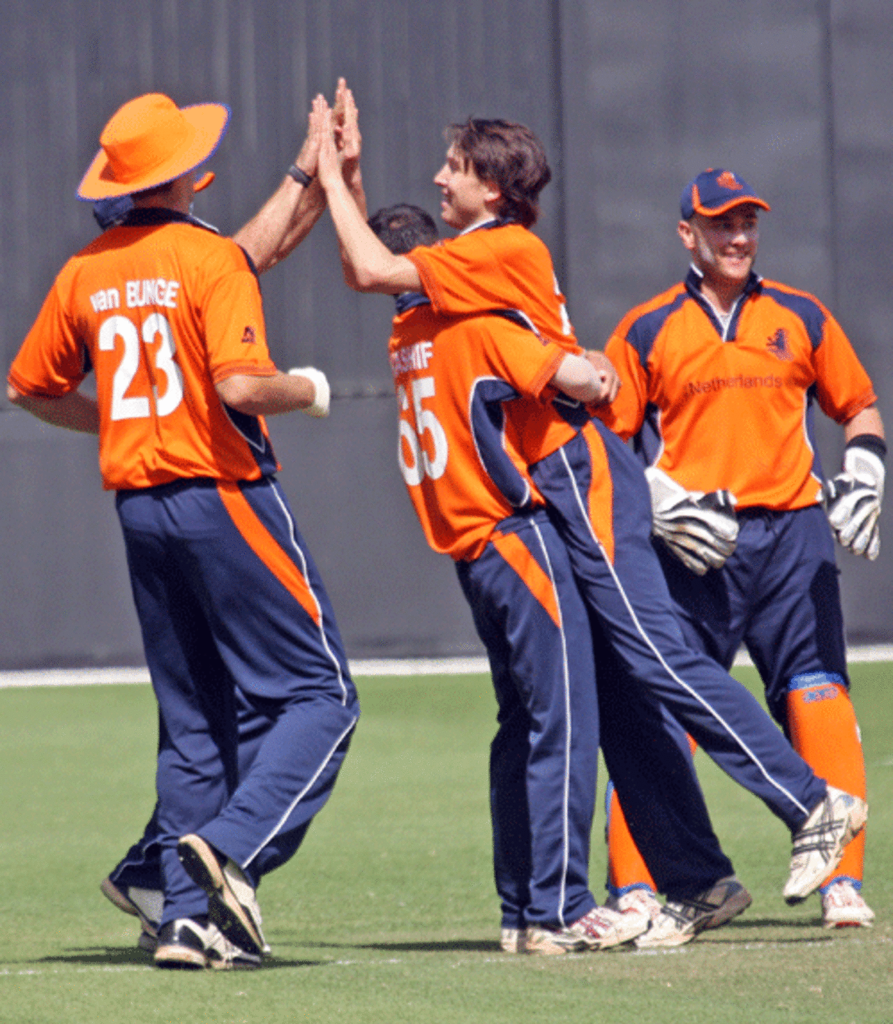 Mark Jonkman is congratulated after taking a wicket, Afghanistan v Netherlands, ICC World Twenty20 Qualifiers, February 12, 2010
