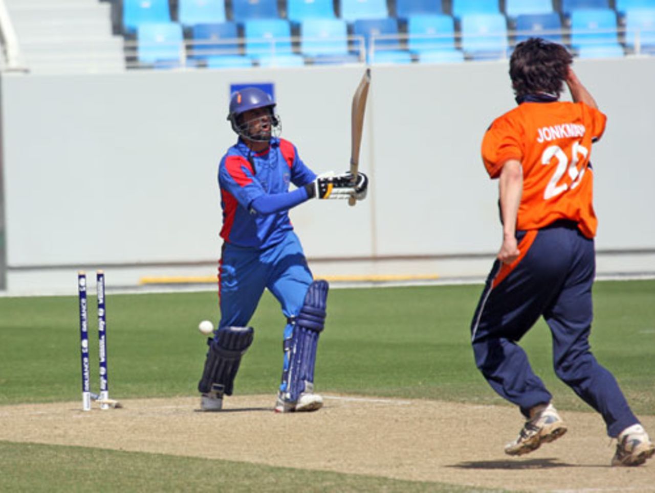 Nawroz Mangal is bowled by Mark Jonkman, Afghanistan v Netherlands, ICC World Twenty20 Qualifiers, February 12, 2010