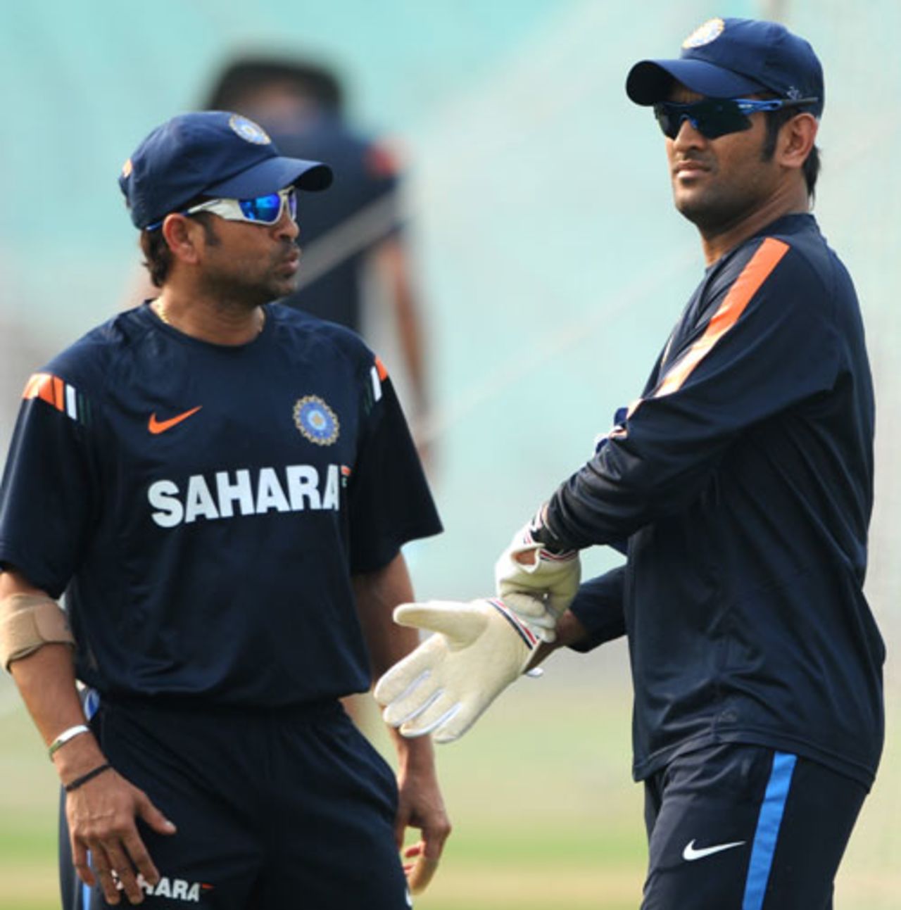 Sachin Tendulkar and MS Dhoni during a practice session, Kolkata, February 12, 2010
