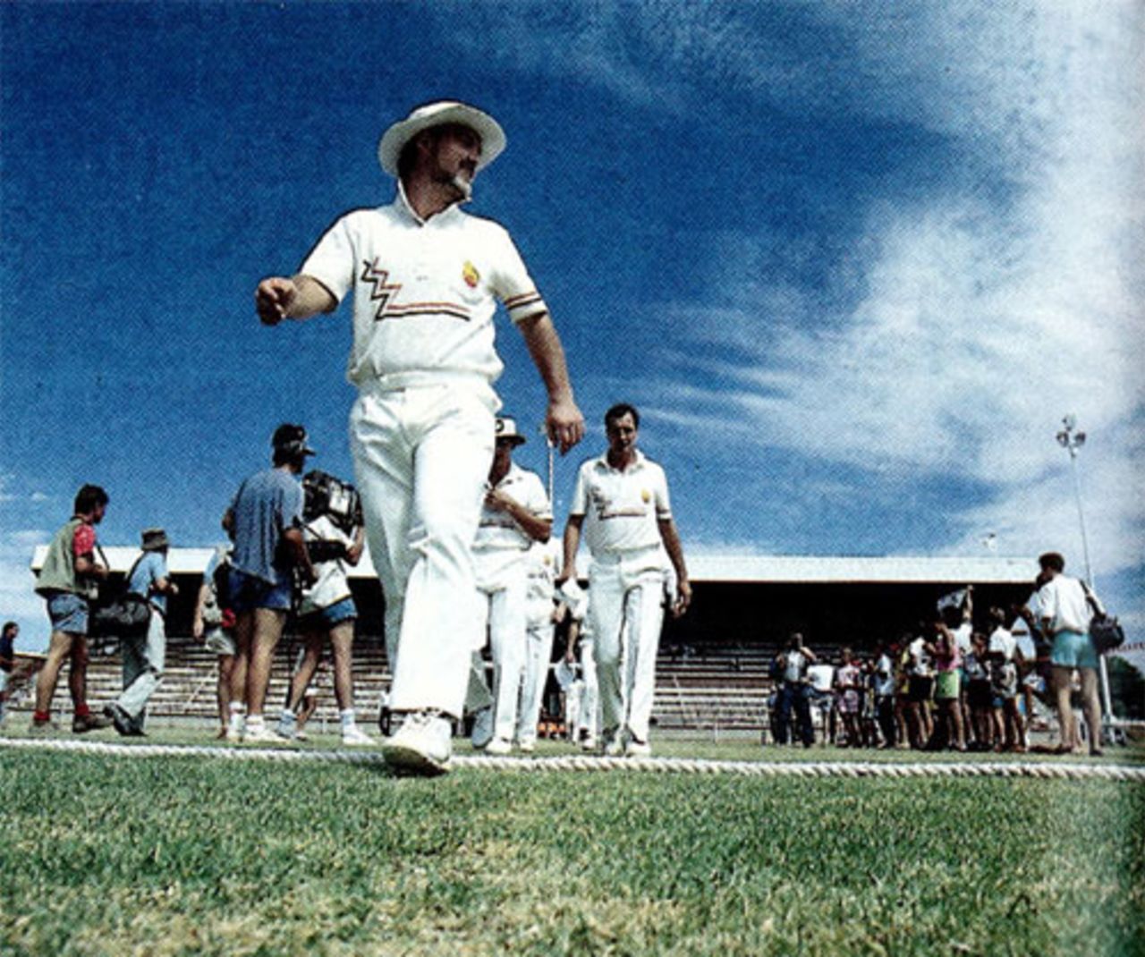 Mike Gatting leads his rebel side onto the field for the tour opener, Combined XI v England XI, Kimberley, January 28, 1990