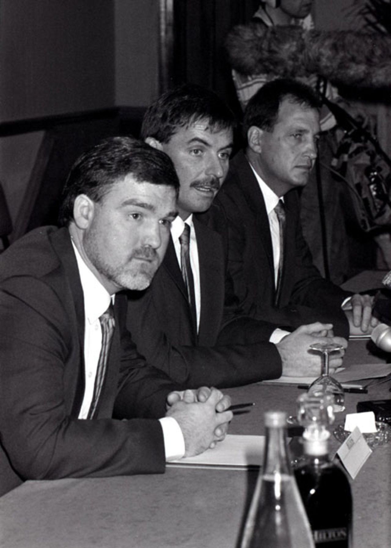 Mike Gatting, David Graveney, the manager, and John Emburey at the England rebels' pre-tour press conference, Cobham, Surrey,  January 24, 1990