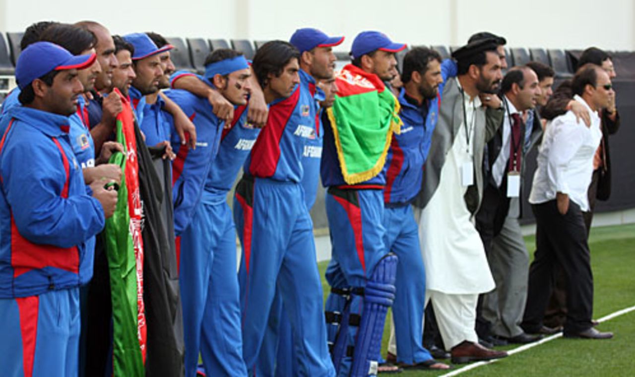 The Afghan players watch nervously from the sidelines as their batsmen close in on a World Twenty20 place, United Arab Emirates v Afghanistan, ICC World Twenty20 Qualifier, Super Four, Dubai, February 13, 2010