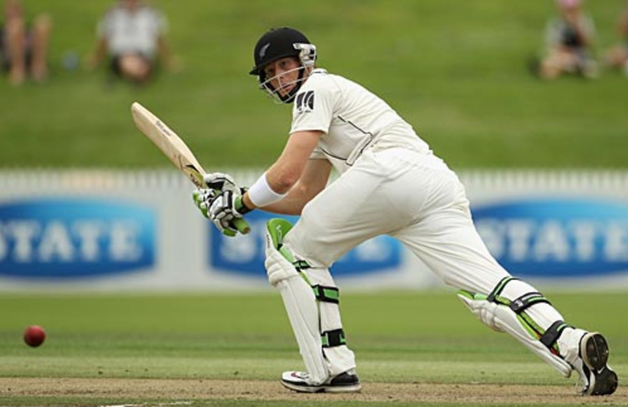 Martin Guptill plays behind square, New Zealand v Bangladesh, only Test, Hamilton, February 15, 2010