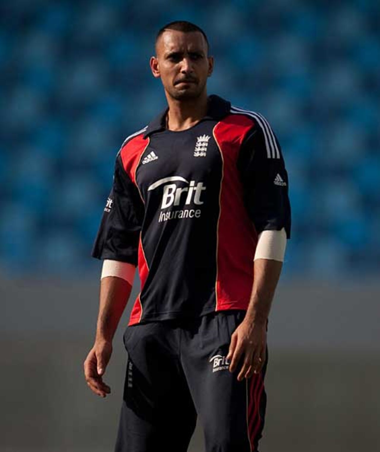 Ajmal Shahzad looks on during his first training session with England, Dubai, February 14, 2010