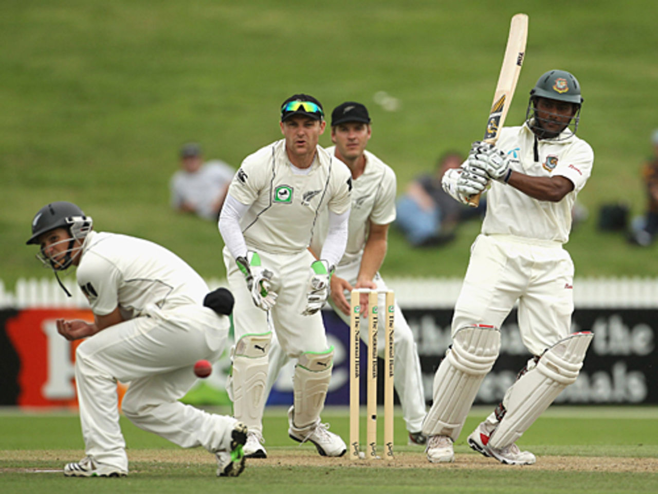 Imrul Kayes smashes the ball away, New Zealand v Bangladesh, only Test, Hamilton, 2nd day, February 16, 2010