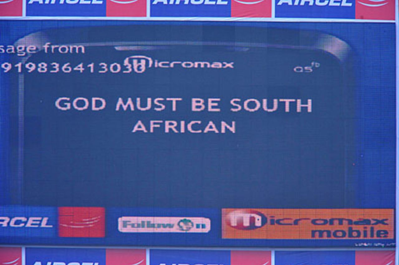A fan message flashes on the scoreboard after rain intervenes play, India v South Africa, 2nd Test, Kolkata, 4th day, February 17, 2010